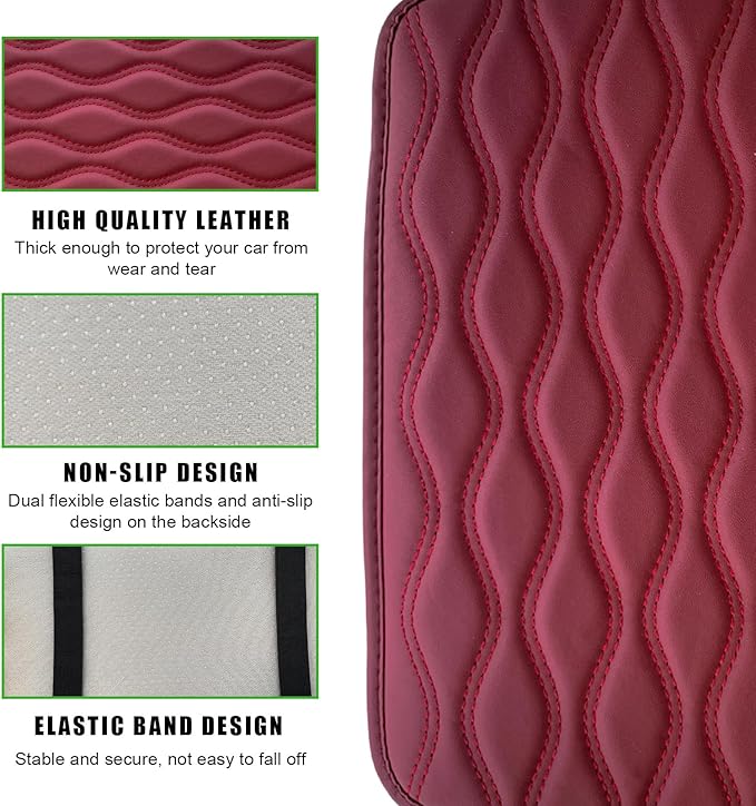 Car Center Console Pad, Waterproof PU Leather Auto Armrest Box Cover, Comfortable Vehicle Arm Rest Protector Cushion Pad for Car SUV, Universal Car Accessories (Wine Red)