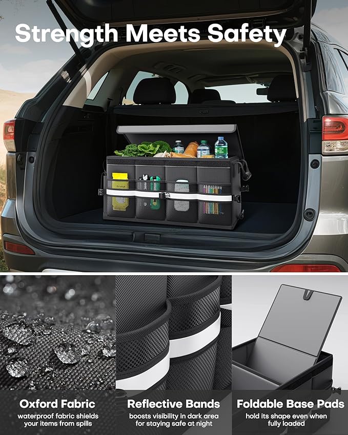 HOTOR Car Trunk Organizer - Foldable Trunk Organizer for SUV, Car Storage with Reflective Strips & Securing Cover, Large Capacity Car Accessories for Truck, Van & Sedan, Black, 24.4" x 13.8" x 11.0"