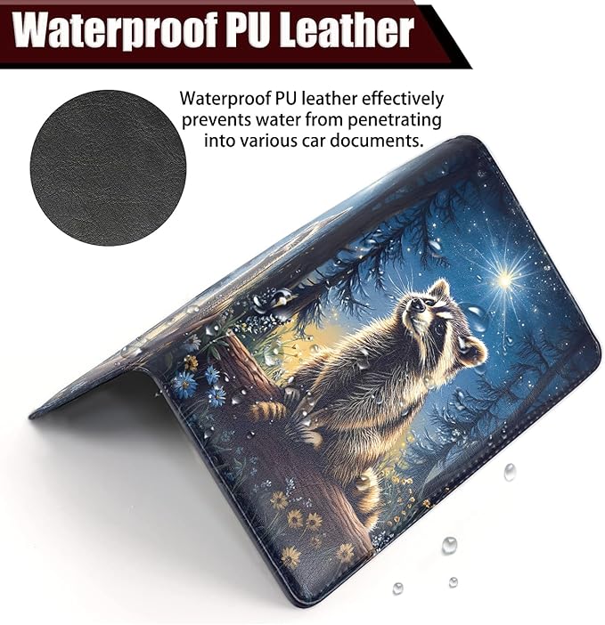 Car Document Holder with Magnetic Shut, Car Registration and Insurance Card Holder, Vehicle Glove Box Organizer Documents, Driver License, Auto Paperwork Organizer Wallet, Night Forest Raccoon Pattern