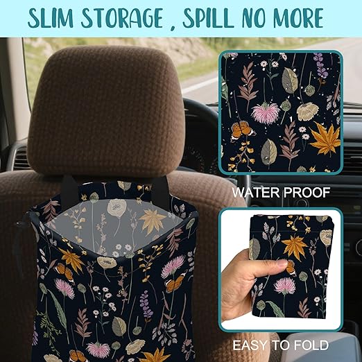 KXWQTRDD Car Garbage Bag Blooming Botanical Plants Drawstring Car Trash Bag Hanging for Back Seat with Adjustable Buckle Canvas Vehicle Trash Can Easy-to-Install