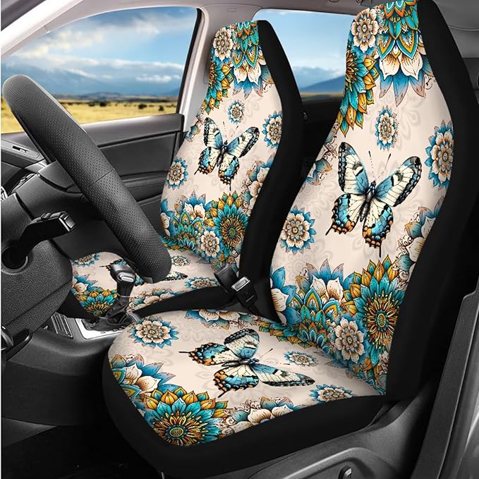Dngkaoje Boho Butterfly Car Seat Covers Full Set for Front and Rear 13 Pack Vintageul Butterfly Auto Interior Accessories Set Womens Center Console Cover,Hanging Trash Bag,Seatbelt Shoulder Pads