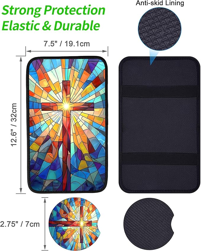 JANENFNA Car Armrest Cover Pads Universal Fashion Cute Auto Center Console Armrest Cover Pad with 2PCS Car Coasters Soft Waterproof Car Armrest Seat Protector for Women,Stained Glass Cross