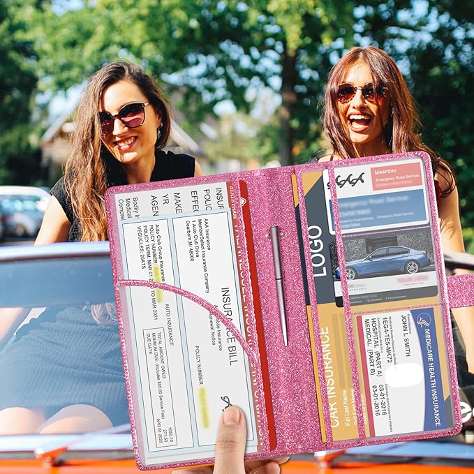 DMLuna Car Registration and Insurance Holder, Leather Vehicle Card Document Glove Box Organizer, Auto Truck Compartment Accessories for Essential Information, Driver License Cards, Glitter Pink