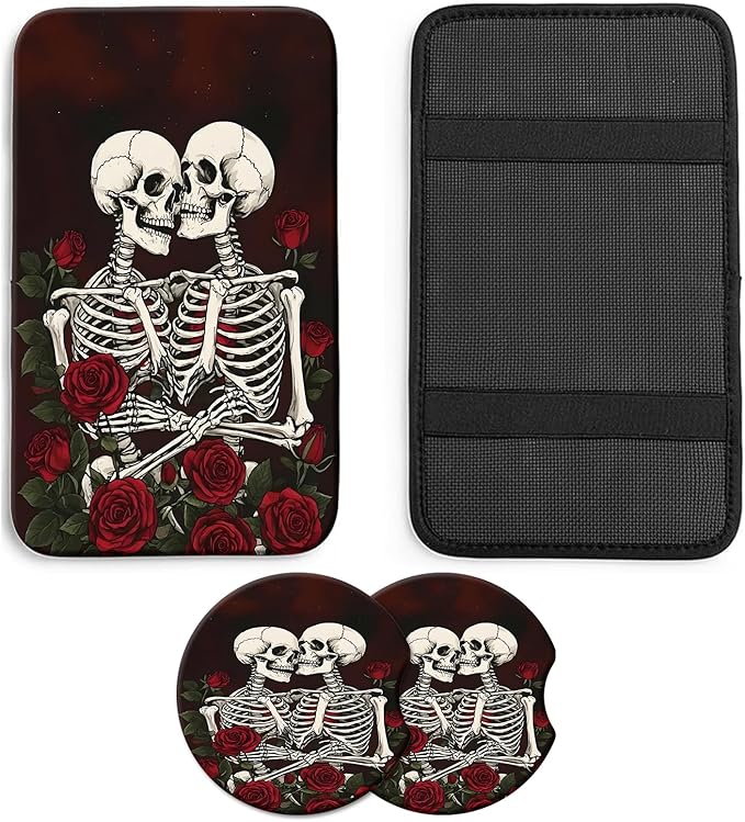 JANENFNA Car Armrest Cover Pads Universal Fashion Cute Auto Center Console Armrest Cover Pad with 2PCS Car Coasters Soft Waterproof Car Armrest Seat Protector for Women,Skulls Roses