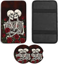JANENFNA Car Armrest Cover Pads Universal Fashion Cute Auto Center Console Armrest Cover Pad with 2PCS Car Coasters Soft Waterproof Car Armrest Seat Protector for Women,Skulls Roses