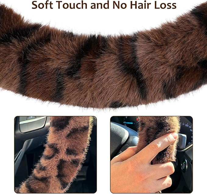 Accmor Fuzzy Car Steering Wheel Cover, Universal Fit Fur Auto Wheel Cover & Handbrake Cover & Gear Shift Cover Set, Fashion Leopard Fluffy Steering Wheel Protector Car Accessories for Men Women
