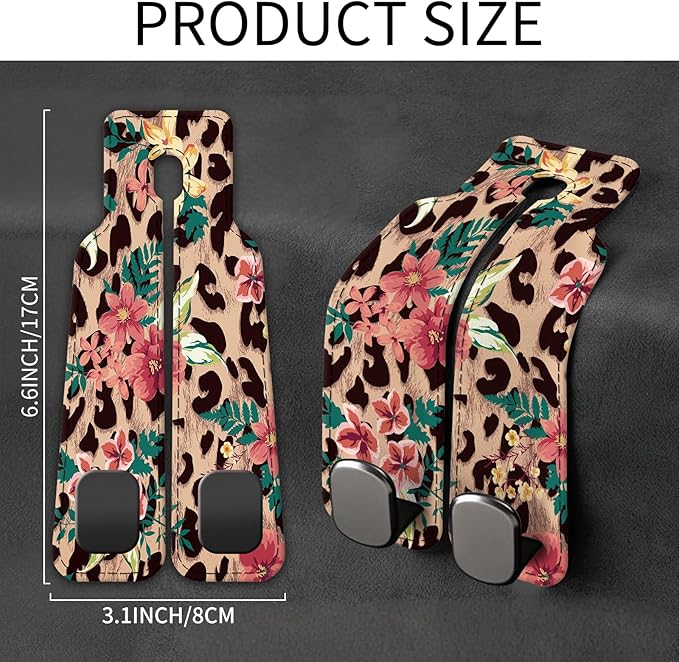 AXBSAKDI Car Seat Back Storage Headrest Hook, Premium Leather Double Metal Hook, Hanger Storage Organizer for Purse Cloth Bag, Car Interior Accessories Cute Flower Leopard