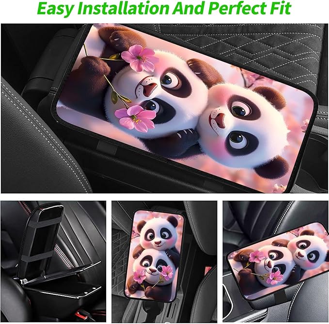 JANENFNA Car Armrest Cover Pads Universal Fashion Cute Auto Center Console Armrest Cover Pad with 2PCS Car Coasters Soft Waterproof Car Armrest Seat Protector for Women,Cute Panda