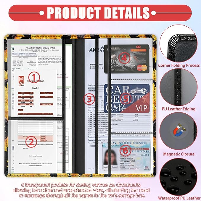 Car Registration and Insurance Card Holder for Women Men, Waterproof PU Leather Glove Box Car Organizer with Magnetic Shut, Vehicle Document Holder for Driver License,Cards, Sunflower Pattern