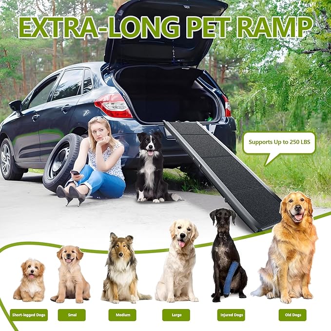 RUBLELITIE Dog Ramp for Cars SUV Truck-17.3x71in Heavy Duty Foldable Wide Outdoor Pet Stairs with Non-Slip Surface Portable Folding Design for Large Dogs Up to 250lbs (63" L x 17.3" W)