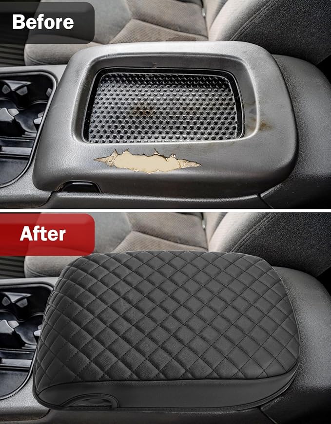 KBH Center Console Armrest Cover for 2003-2006 Chevrolet Chevy Silverado, Tahoe, Suburban, Avalanche & GMC Sierra, Yukon, Bucket Seat Only, Vinyl Leather, Arm Rest Cushion Protector, Black