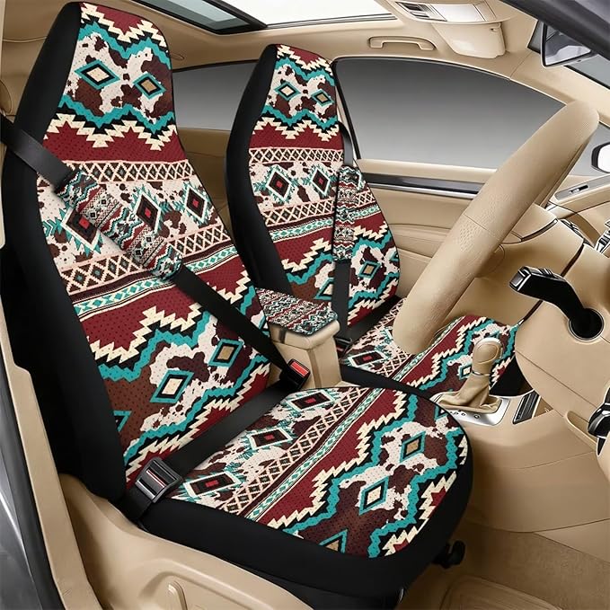 Qeluxign 5 Piece Car Seat Covers Full Set, Tribal Cow Print Front Seats Cover/Auto Seatbelt Shoulder Pads/Vehicle Center Console Armrest Cover, Universal Car Accessories Men Women Gifts