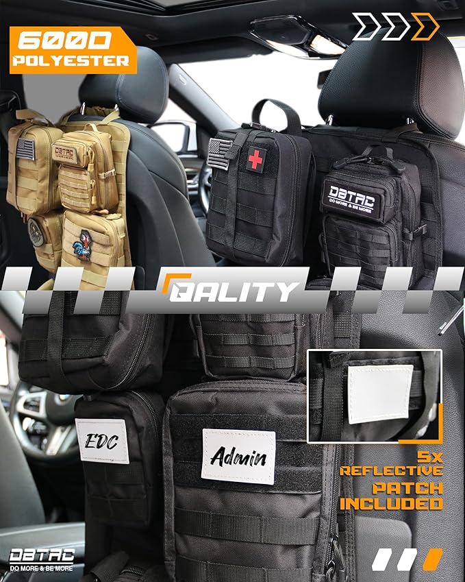 DBTAC Tactical Molle Car Seat Organizer | Vehicle Back Panel with 5X Detachable Pouches, US Flag & Writable Reflective Patch for Cars, Trucks, SUVs, Sedans