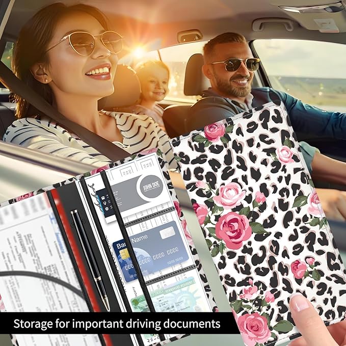 BAUCIWLD Premium Car Registration and Insurance Card Holder, Cute PU Leather Car Document Holder, Vehicle Glove Box Car Organizer with Magnetic Closure for Driver License, Cards Leopard Rose