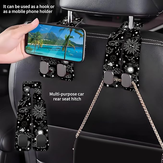 AXBSAKDI Car Seat Back Storage Headrest Hook, Premium Leather Double Metal Hook, Hanger Storage Organizer for Purse Cloth Bag, Car Interior Accessories Black White Sun Moon
