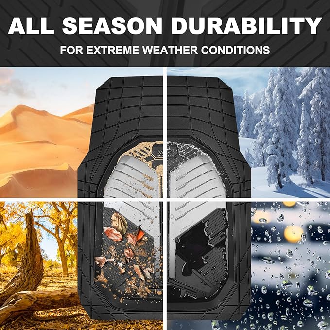 CAR PASS Heavy Duty Rubber Car Mats, Deep-Dish Car Floor Mats All Weather, Universal Two-Tone Trim-to-Fit for SUVs Trucks Sedans, Waterproof Anti-Slip, 3 Pieces V12 Black and Metallic Gray