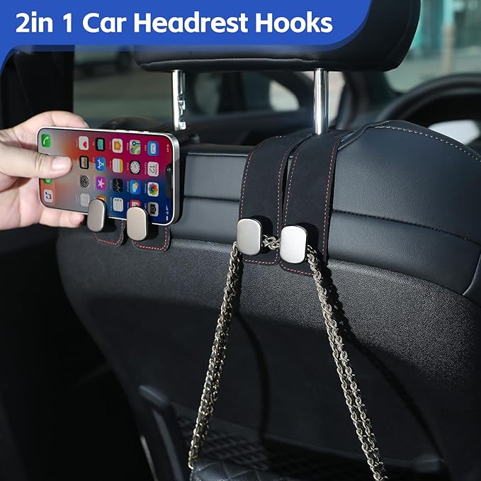 2Pcs Car Hooks for Headrest, Car Seat Hooks Purse Hook, Double Flexible Leather Hooks Car Accessories Interior for Women Men, 2 in 1 Back Seat Hook Car Organizer for Bags, Purses, Handbags (Black)