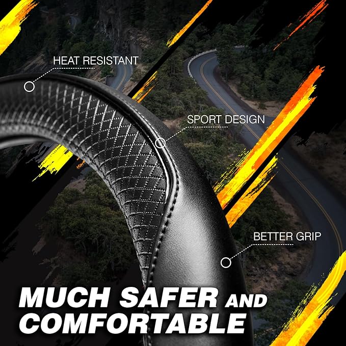 Redline Car Microfiber Leather Steering Wheel Cover Black Genuine Fit 15 inch Universal Anti-Slip Protector for Driverse