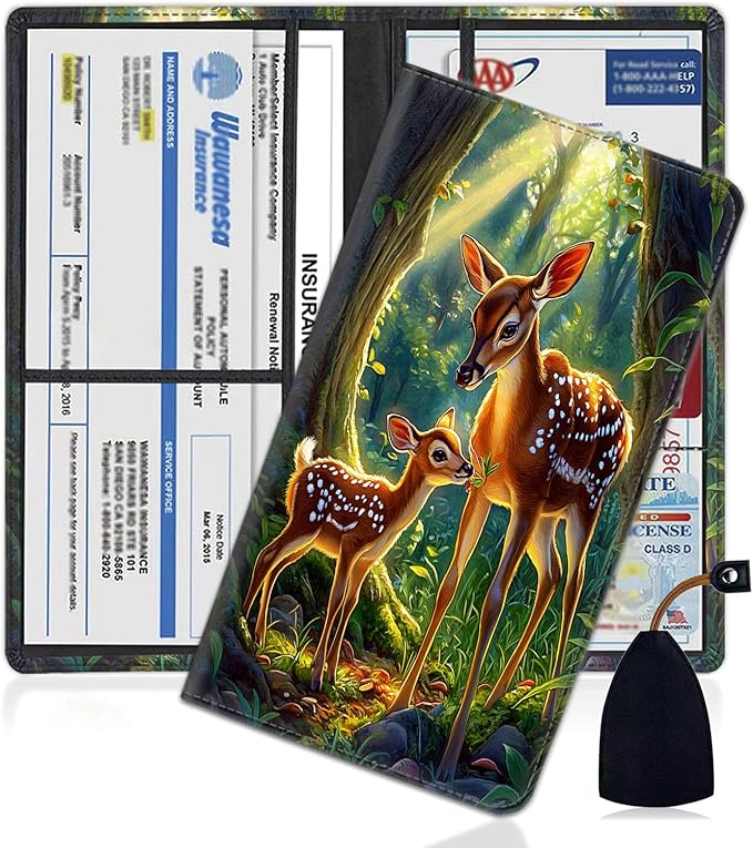 Yuxcfhjfe Car Document Holder with Magnetic Shut, Car Registration and Insurance Card Holder, Vehicle Glove Box Organizer Documents, Driver License, Auto Paperwork Organizer Wallet, Cute Deer Pattern