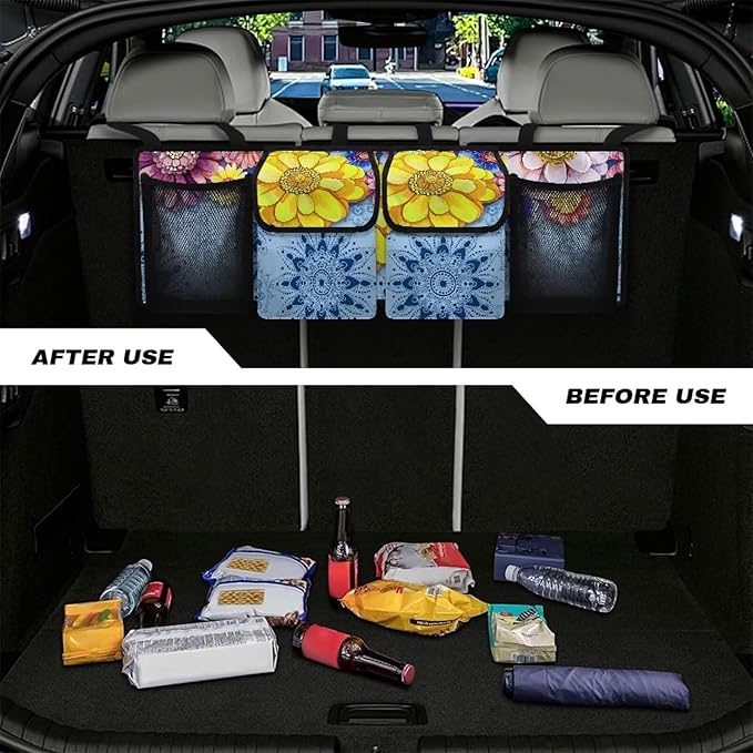 Large Capacity Car Trunk Organizer Blue Mandala Floral Flowers Hanging Cargo Storage Bag with Lid Trunk Storage Bag,Easy to Install