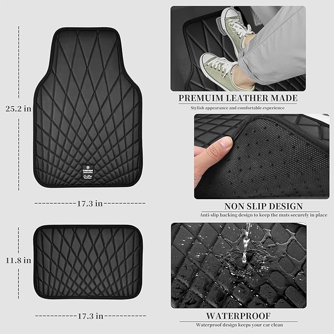 CAR PASS Faux Leather Floor Mats for Cars, Luxury Waterproof All Weather Car Mats Full Set, Anti-Slip Deluxe Automotive Mats Universal Fit for Most SUV,Vans,Sedans,Trucks, 4 Piece All Black