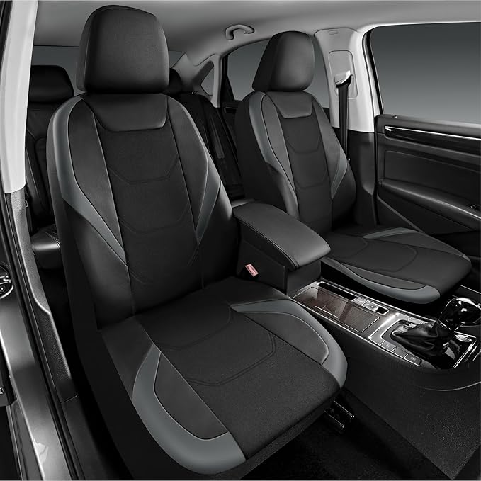 Road Comforts Car Seat Cover Full Set, Leather Mesh Seat Covers, Airbag Compatible, Universal Fit for Most Cars, SUVs, Trucks, and Vans - Gray
