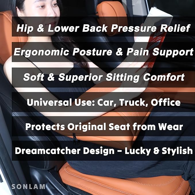 Comfort Dreamcatcher Car Seat Cushion Non-Slip - Relaxing, Optimal Support & Posture for Long Drive (Full Set (Cognac Brown))