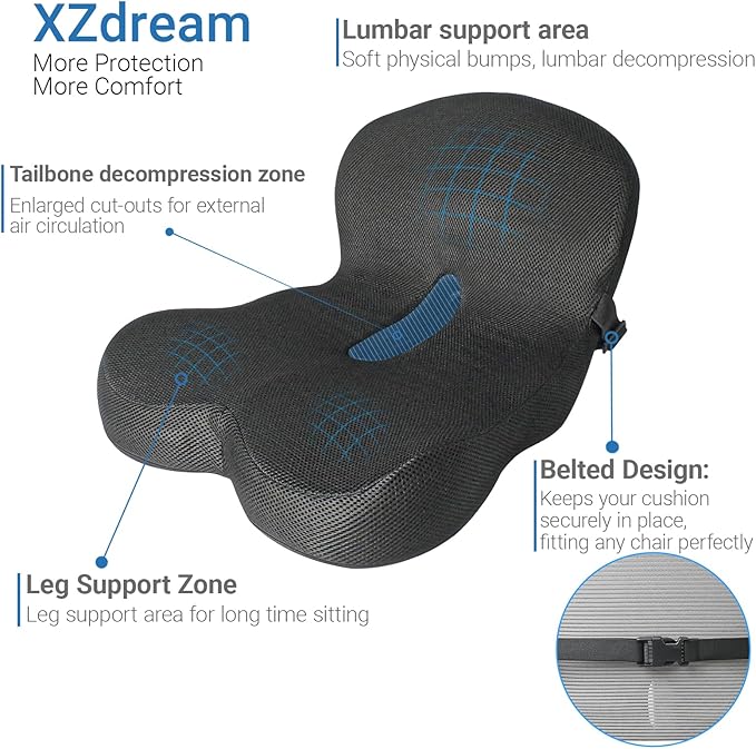 XZdream Memory Foam Seat Cushion,Office Chair Cushion with Lumbar Support for Back Pressure Relief, Car Seat Cushion with Adjustable Strap,Sciatica Pad Cushions for Car,Truck (Black+Mesh Cloth)