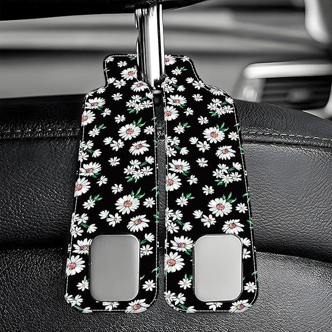 AEWNUNK Purse Hook for Car Little White Daisy Flowers 1 Pack Headrest Back Seat Hook Premium Leather Double Metal Hanger Storage Pack Bag Purse Holder Car Interior Accessories