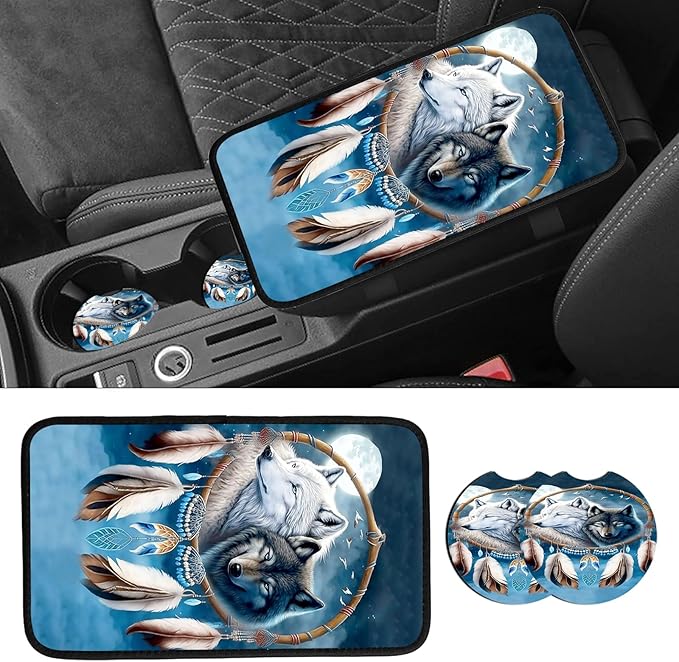 JANENFNA Car Armrest Cover Pads Universal Fashion Cute Auto Center Console Armrest Cover Pad with 2PCS Car Coasters Soft Waterproof Car Armrest Seat Protector for Women,Wolf Feather Hanger