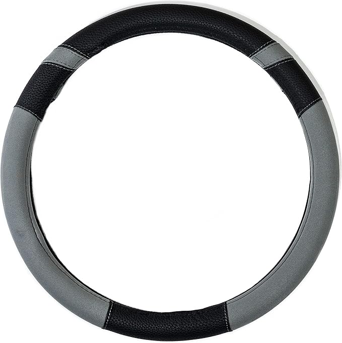 Gorla Gear Gray Leather Neoprene Steering Wheel Cover Women Men, Easy Fast Installation, Grey Universal Fit 14.5 15 15.5 Inch, Anti-Slip Safer Grip Car Accessories for Automobile Truck SUV Van