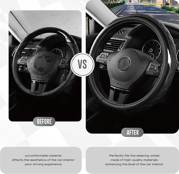 Road Comforts Leather Steering Wheel Cover – Black & Black, Universal Fit 14.5-15 Inch, Microfiber Leather, Anti-Slip & Breathable Design for Men and Women