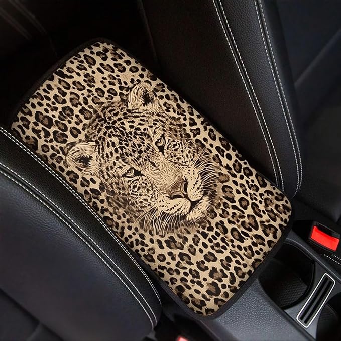 Leopard Print Armrest Cover Pad for Car Scratch Proof Decorative Vehicle Center Console Armrest Cover Pad Suitable for Most Vehicle Truck SUV Sedan
