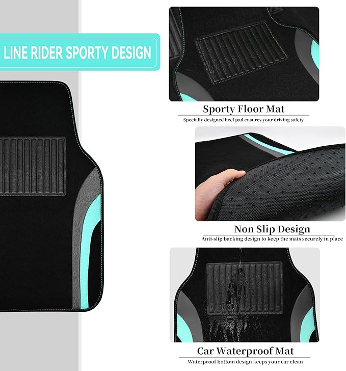 CAR PASS Leather Sporty Car Floor Mats Carpet, Universal Waterproof Automotive Floor Mat Fit for Sedans, Cars, Mid Trucks, Vans, SUV, Set of 4 (Black and Mint)