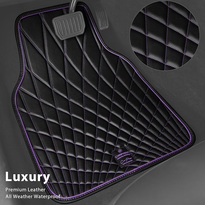 CAR PASS Faux Leather Floor Mats for Cars, Luxury Waterproof All Weather Car Mats Full Set, Anti-Slip Deluxe Automotive Mats Universal Fit for Most SUV Vans Sedans Trucks, 4 Piece Black and Purple