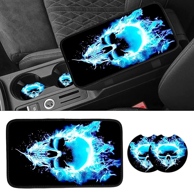 JANENFNA Car Armrest Cover Pads Universal Fashion Cute Auto Center Console Armrest Cover Pad with 2PCS Car Coasters Soft Waterproof Car Armrest Seat Protector for Women,Blue Flame Skull