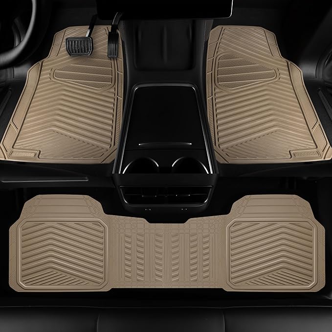 CAR PASS Rubber Car Mats, Waterproof Car Floor Mats All Weather Car Mat Full Set 3 Piece, Tan Automotive Floor Mat Trim to Fit for Cars Sedan SUVs Trucks, Anti-Slip Easy Clean, All Beige