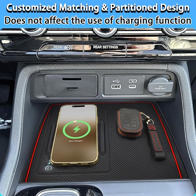 Center Console Silicone Mat Fit for Honda Pilot Accessories 2023-2025 2026 for Passport Accessories 2026 Wireless Charging Mat Non-Slip Protector Pad (Red)
