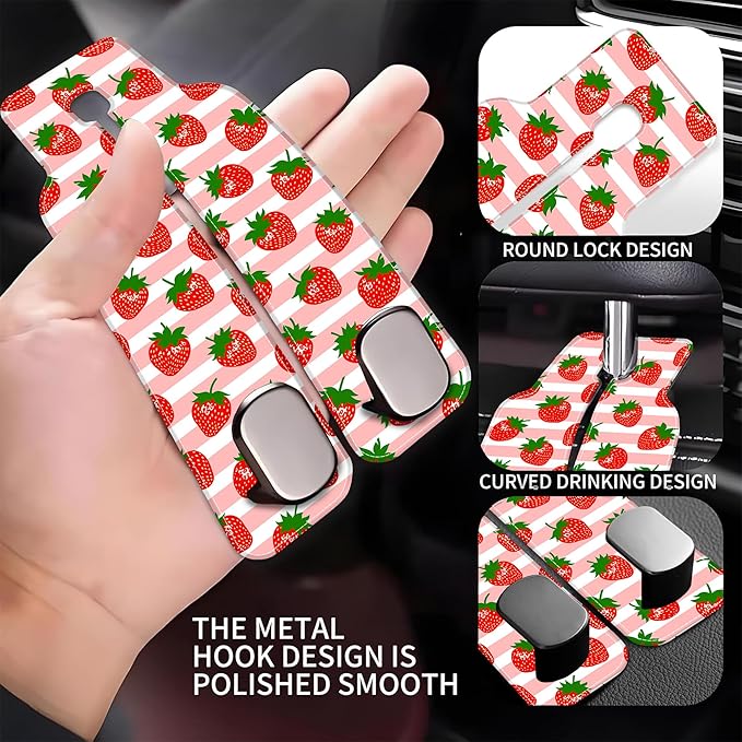 AEWNUNK 1 Pack Car Seat Headrest Hooks for Purses and Bags Watercolor Pink Strawberry Striped Bag Purse Holder for Car with Double Metal Hooks Car Purse Hanger Hanging Accessories