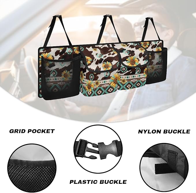 CLOHOMIN Aztec Trunk Organizer for Sedan SUV Van Brown Cow Print Car Organizer Sunflower Cargo Storage with 4 Pockets Foldable Car Trunk Storage Bag Auto Interior Accessories