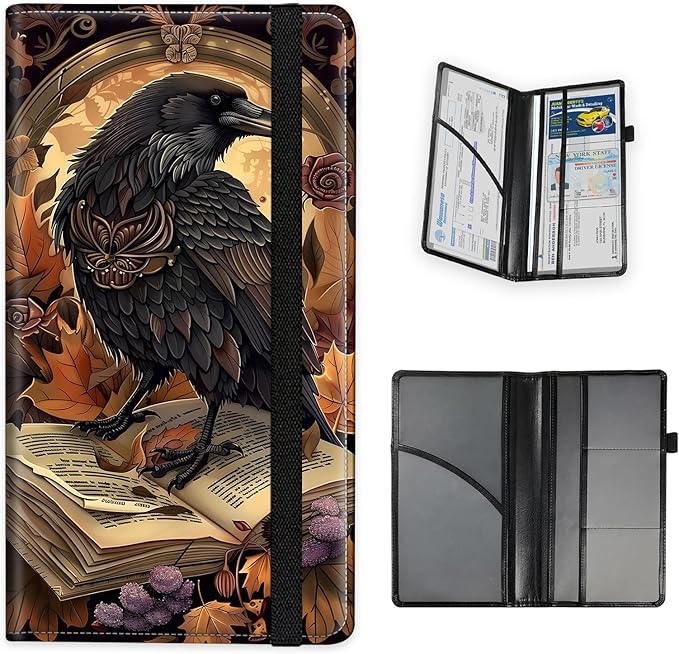 Tudguiloae Car Registration and Insurance Card Holder, Trunk Document Holder Organizer, Essential Vehicle Glove Box Organizer PU Leather Wallet for Driver,Crow Book