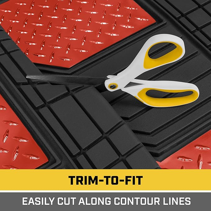 Cat® DiamondShield™ Rubber Floor Mats for Cars Trucks SUV, All Weather Protection, Front and Rear Car Mats with Heel Pad & Anti-Slip Backing, Universal Trim-to-Fit Rubber Floor Mats for Car, Red