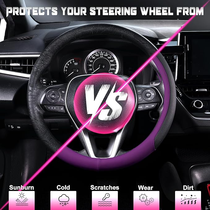 SEG Direct Steering Wheel Cover for 14.5-15 inch Wheels, Breathable PU Leather with Perforated Sides, Anti-Slip Grip, Universal Fit for Cars & SUVs, Black and Dawn Purple