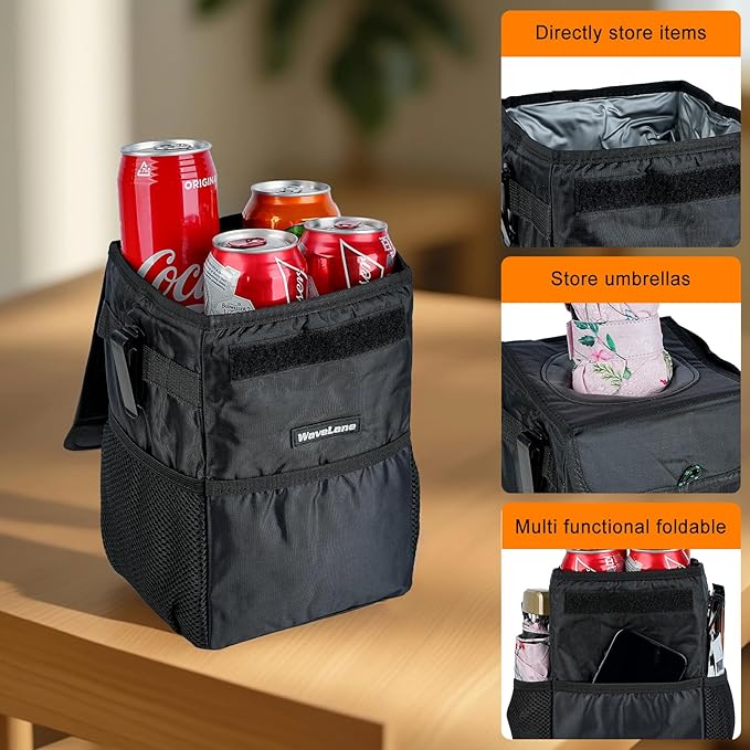 Car Trash Can with Lid - Car Trash Bag Hanging Waterproof with Storage Pockets, Collapsible and Portable Multipurpose Trash Bin for Back/Front Seat/Console, 1.85 Gallons, Black