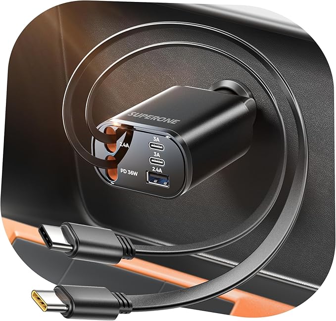 SUPERONE 90W Retractable Car Charger, 5 in 1 USB C Car Charger with Dual Type C Built-in Cables, Fast Charging Multiport Car Adapter for iPhone 17/16/15/14/13/12, Galaxy, Pixel, iPad – Black