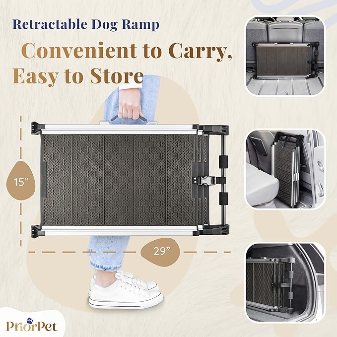 Dog Ramp for Car - Stable Anti-Slip Dog Car Ramp for Large Dogs - 63" Long & 15" Wide - 250LBS Capacity - Telescoping Pet Ramp - Lightweight - Reflective Sides - Fixing Clip - Shadow Gray