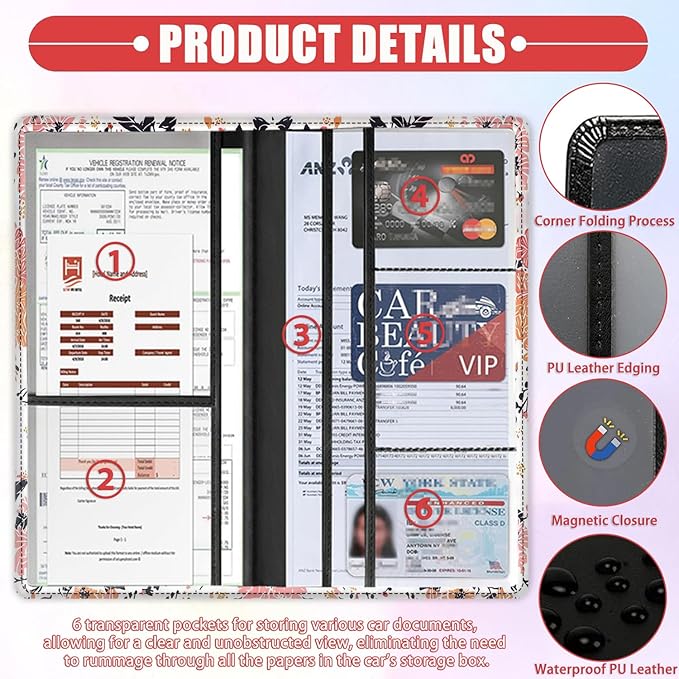 SOTWONSO Car Registration Holder, Waterproof PU Leather Vehicle Card Document Glove Box Organizer, Women Interior Auto Accessories Case for Cards, Driver License Car Insurance Holder, Flower Pattern