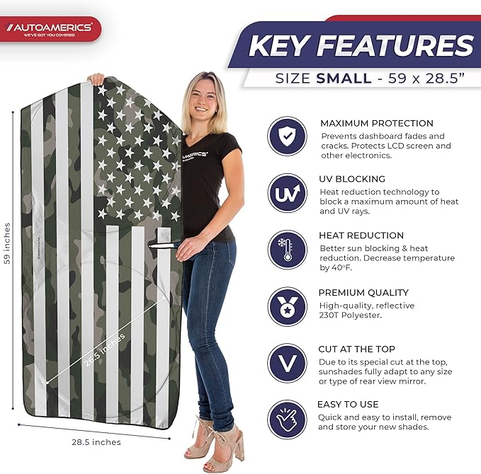 Autoamerics 1-Piece Windshield Sun Shade Green Camo American Flag USA Design - Foldable Car Front Window Sunshade for Most Sedans SUV Truck - Blocks Max UV Rays and Keeps Your Vehicle Cool - Small