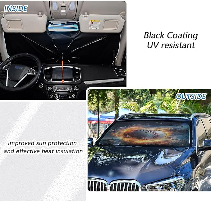 Maunzc Baseball Fire Car Windshield Sun Shade Umbrella - 360° Rotation Bendable Handle Foldable UV Block Sunshade Heat Insulation Protection for Auto, Trucks, Cars