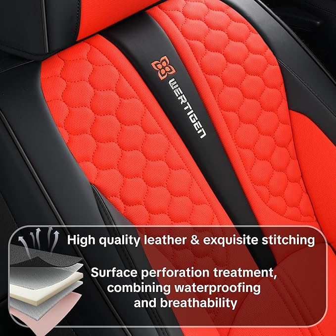 Wertigen Red Car Seat Covers Full Set – Luxury Waterproof Leather Auto Seat Protector with Airbag Compatible Design, Breathable Non-Slip Cushion, Easy Installation, Fits Most Cars
